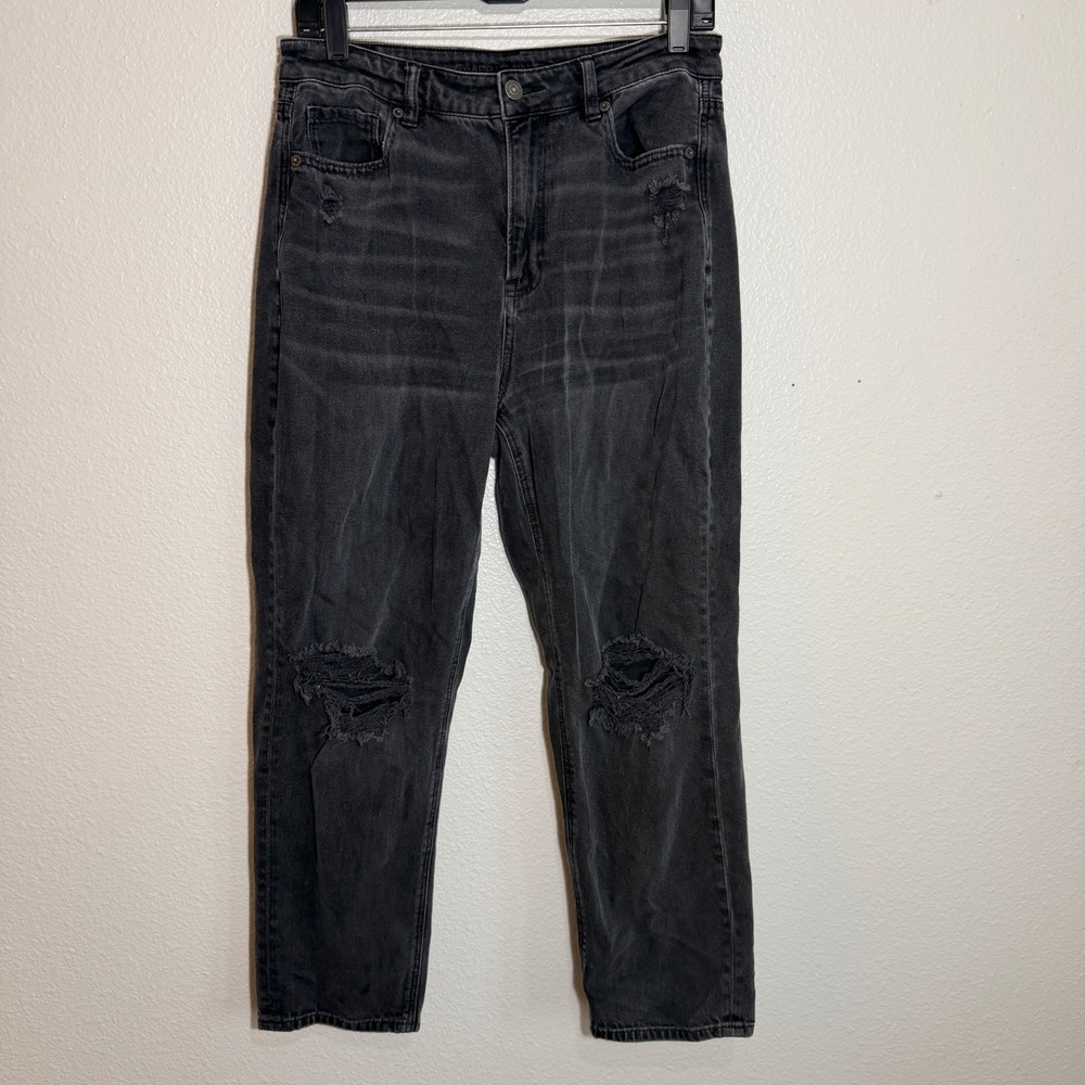 American Eagle Mom Straight Jeans 10 Regular Washed Black Distressed High Rise